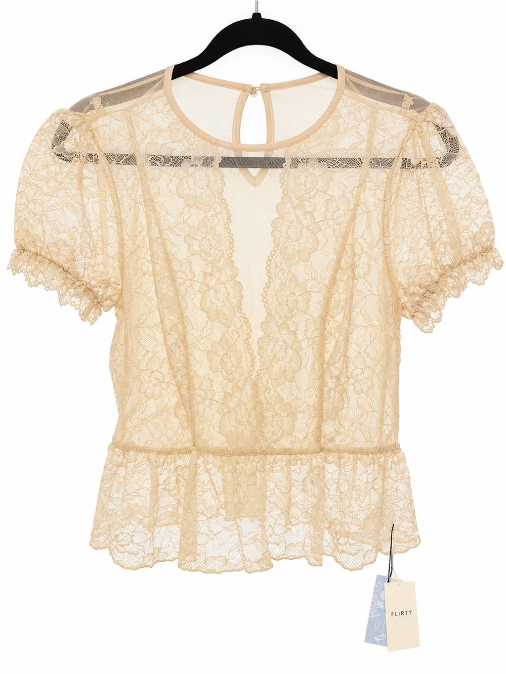 Cider Beige Lace Peplum Blouse with Puff Sleeves